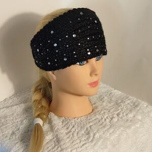 Black Knit Rhinestone Studded Ear Muff Headband